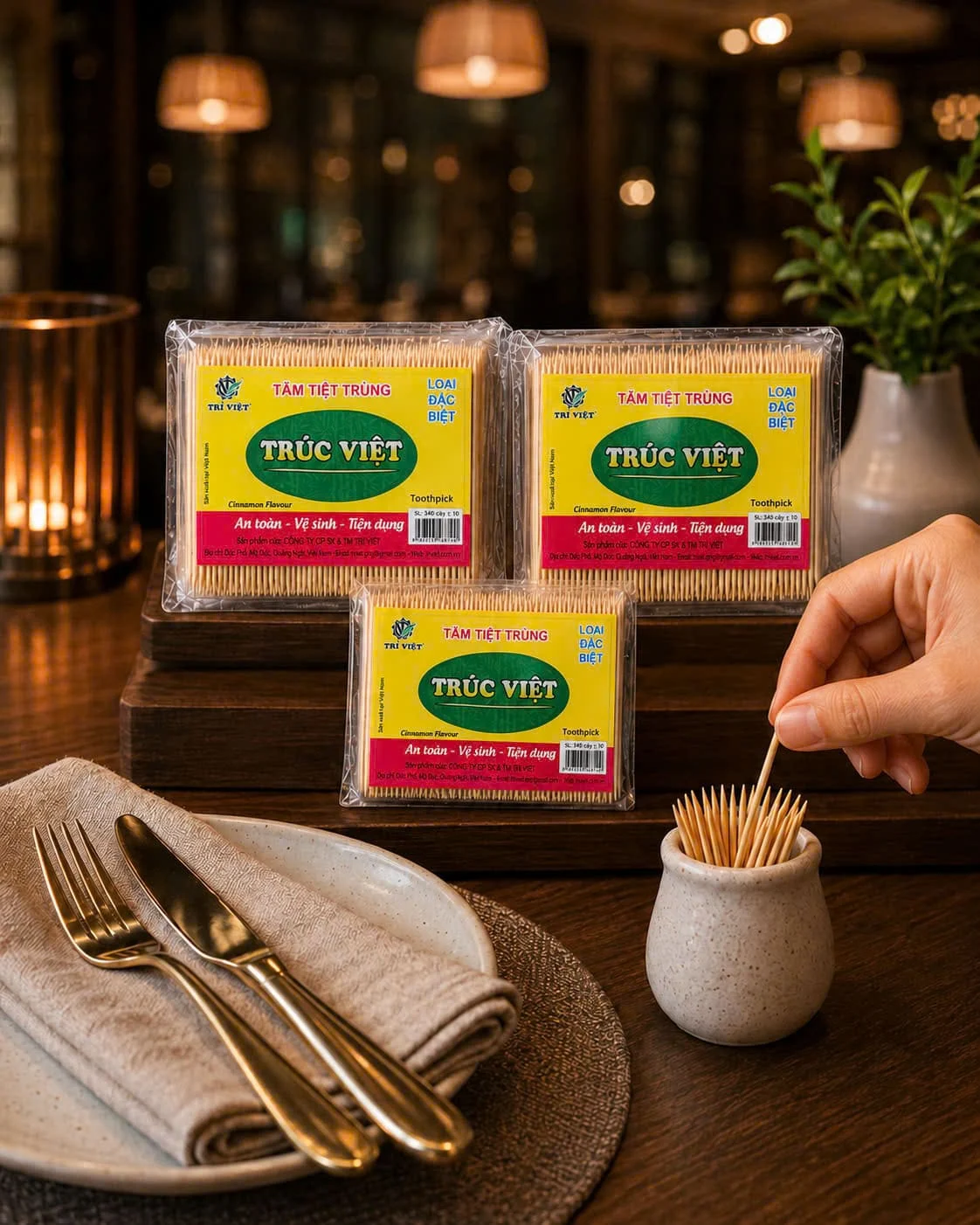 Ứng dụng Tăm Hộp - Trúc Việt - Trivietqni trong kinh doanh Ứng dụng thực tế của tăm hộp trúc việt trên bàn ăn và nhà hàng