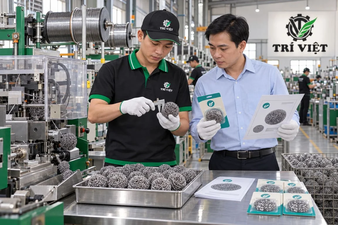 Kỹ thuật viên đo kiểm kích thước mẫu cước inox gia công theo tiêu chuẩn